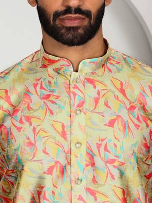 Silk blend floral printed lime yellow kurta 2