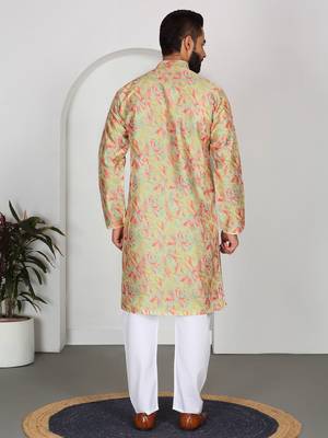 Silk blend floral printed lime yellow kurta 3
