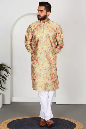 Silk blend floral printed lime yellow kurta