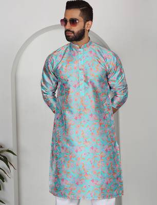 Silk blend floral printed sky blue kurta 1