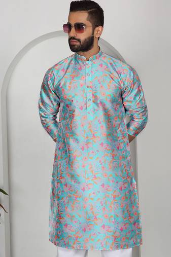 Silk blend floral printed sky blue kurta