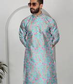 Silk blend floral printed sky blue kurta