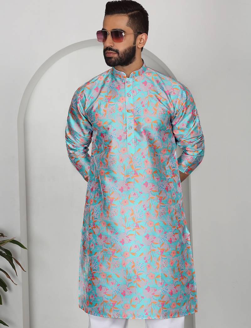 Silk blend floral printed sky blue kurta