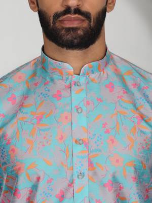 Silk blend floral printed sky blue kurta 2