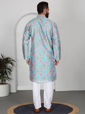 Silk blend floral printed sky blue kurta 3