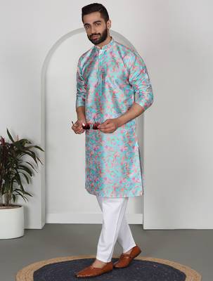 Silk blend floral printed sky blue kurta 4