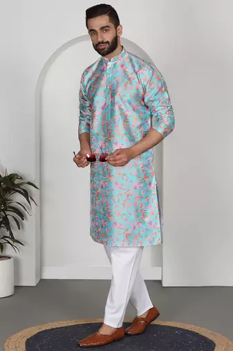 Silk blend floral printed sky blue kurta