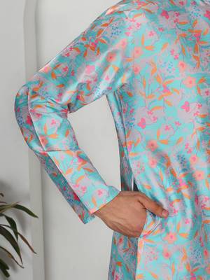 Silk blend floral printed sky blue kurta 5