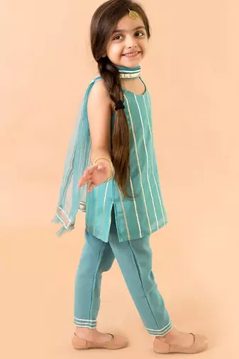 Aqua Blue Georgette Kurtas Set with Gotta Work - Festive Wear for Girls