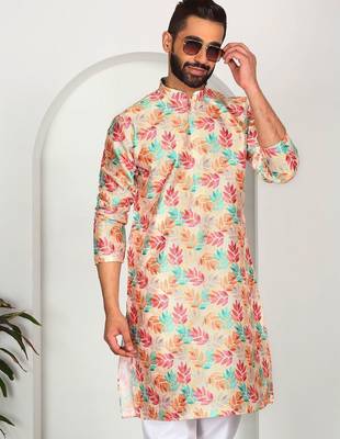 Silk blend floral printed yellow kurta 1