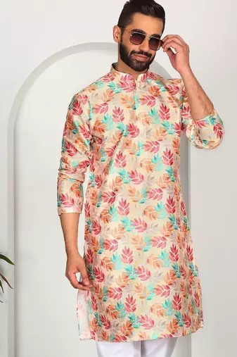 Silk blend floral printed yellow kurta