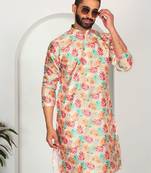 Silk blend floral printed yellow kurta