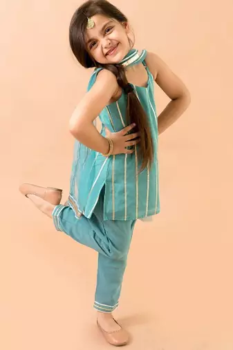 Aqua Blue Georgette Kurtas Set with Gotta Work - Festive Wear for Girls