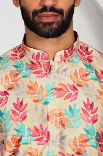 Silk blend floral printed yellow kurta
