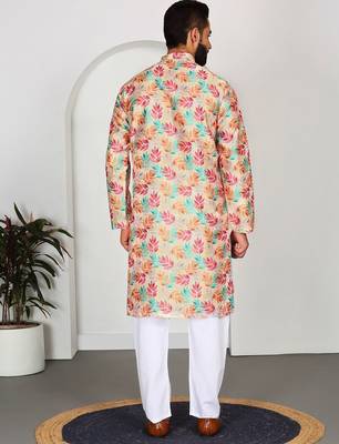Silk blend floral printed yellow kurta 4