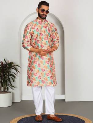 Silk blend floral printed yellow kurta 5