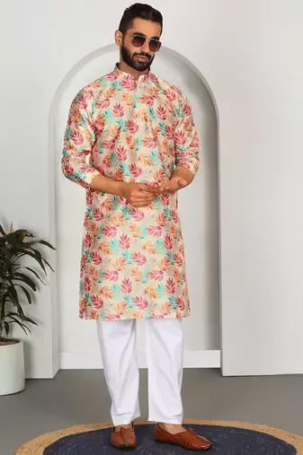Silk blend floral printed yellow kurta