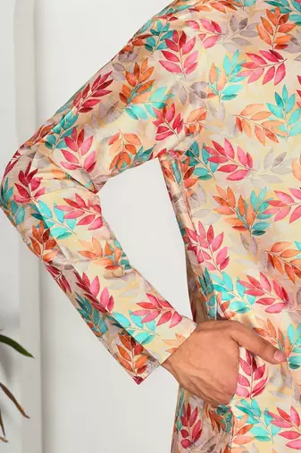 Silk blend floral printed yellow kurta