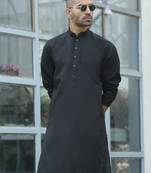 Cotton blend woven self desing black kurta