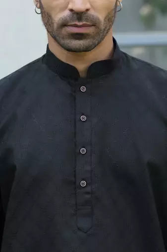 Cotton blend woven self desing black kurta