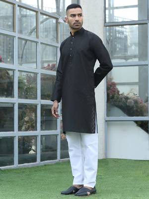 Cotton blend woven self desing black kurta 4
