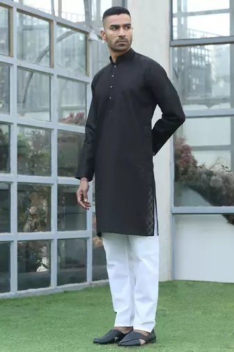 Cotton blend woven self desing black kurta
