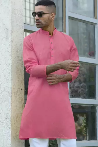 Cotton blend woven self desing pink kurta
