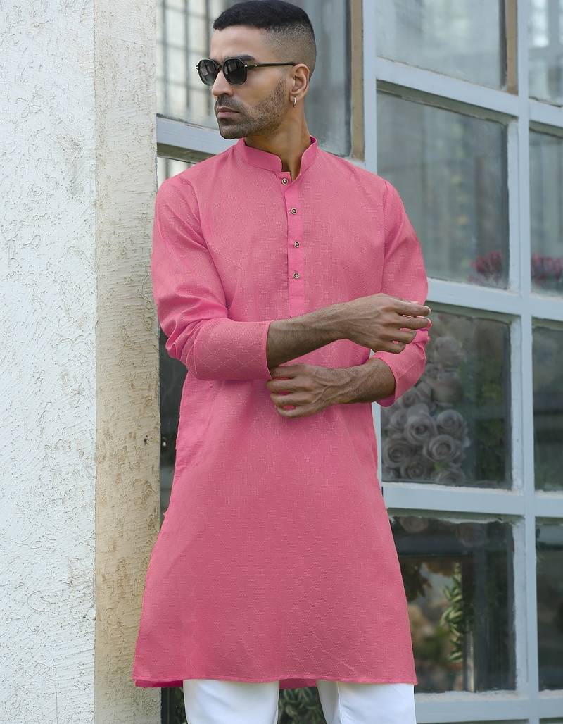 Cotton blend woven self desing pink kurta