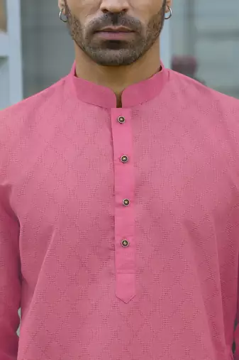 Cotton blend woven self desing pink kurta