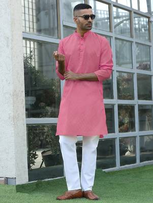 Cotton blend woven self desing pink kurta 4