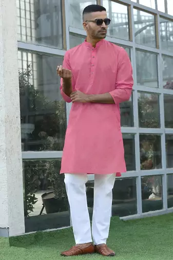 Cotton blend woven self desing pink kurta