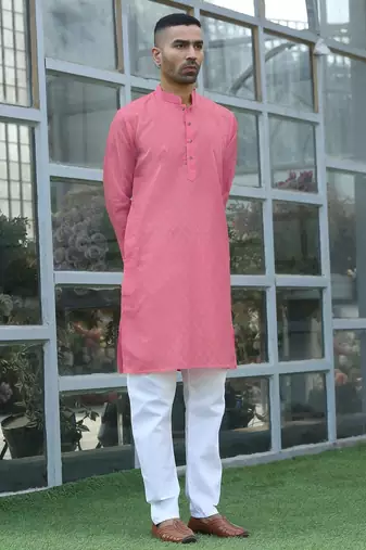 Cotton blend woven self desing pink kurta