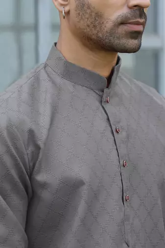 Cotton blend woven self desing grey kurta