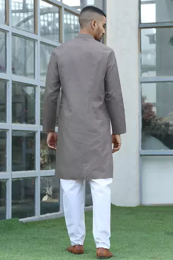 Cotton blend woven self desing grey kurta