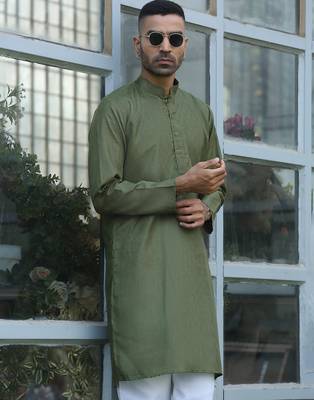 Cotton blend woven self desing olive green kurta 1
