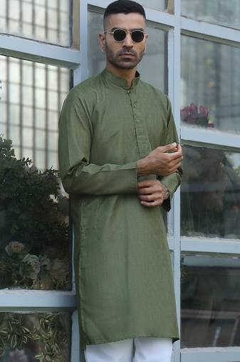 Cotton blend woven self desing olive green kurta