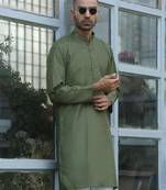Cotton blend woven self desing olive green kurta