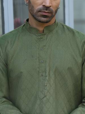 Cotton blend woven self desing olive green kurta 2