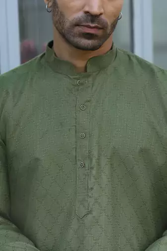 Cotton blend woven self desing olive green kurta