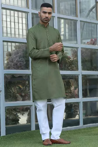 Cotton blend woven self desing olive green kurta