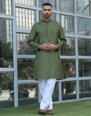 Cotton blend woven self desing olive green kurta 5