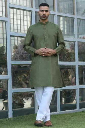 Cotton blend woven self desing olive green kurta