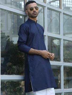 Cotton blend woven self desing navy blue kurta 1