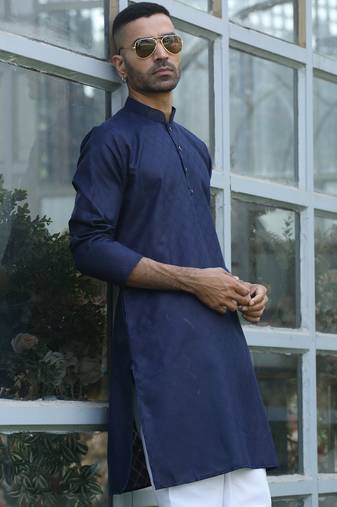 Cotton blend woven self desing navy blue kurta