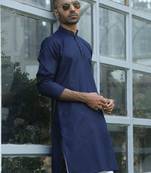 Cotton blend woven self desing navy blue kurta