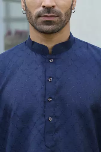 Cotton blend woven self desing navy blue kurta