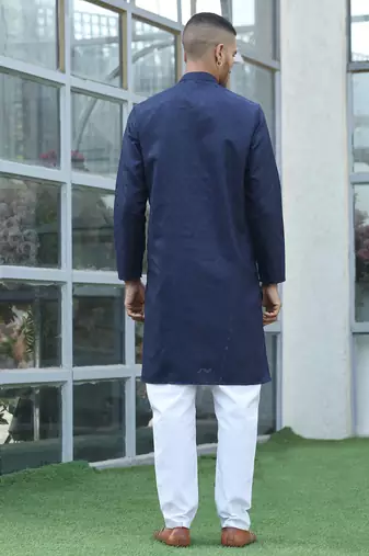 Cotton blend woven self desing navy blue kurta