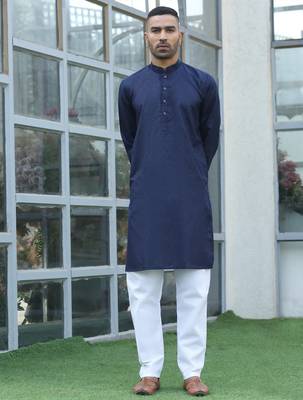 Cotton blend woven self desing navy blue kurta 4