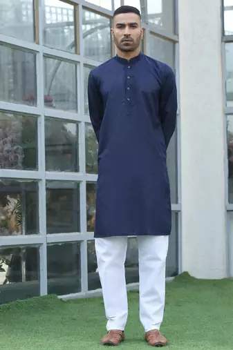 Cotton blend woven self desing navy blue kurta