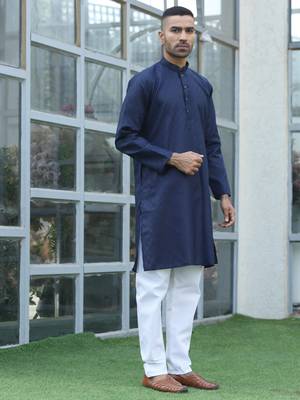 Cotton blend woven self desing navy blue kurta 5